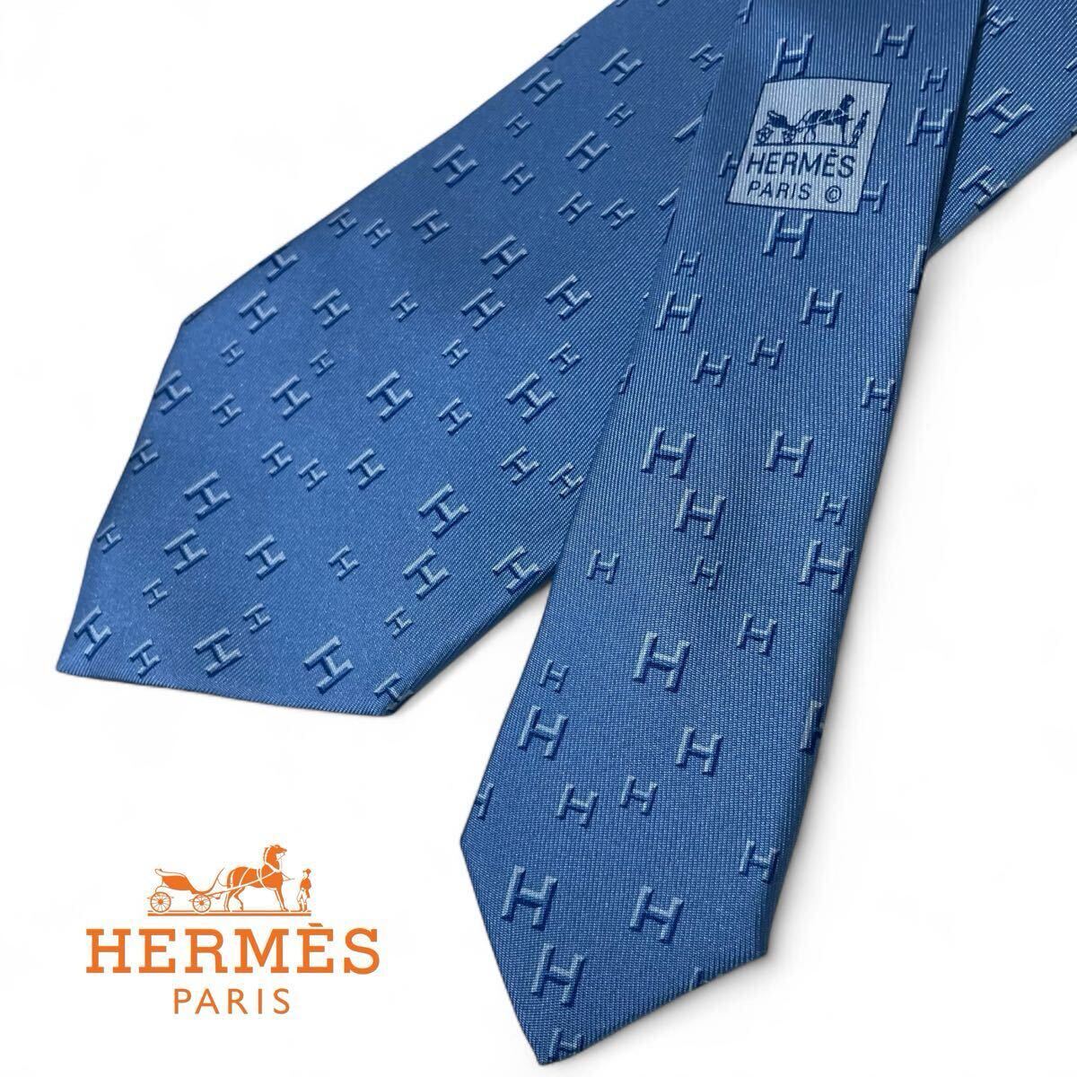 正規品 HERMES エルメス H柄 ロゴ 総柄 シルク100% ネクタイ シルクタイ クラヴァット フランス製 ブルー拍卖