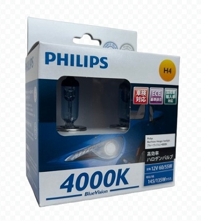 60/55Wの消費電力で145/135Wクラスの明るさ感 PHILIPS BlueVision フィリップス ブルービジョン H4 高効率 ハロゲンバルブ H4-AB 4000K拍卖