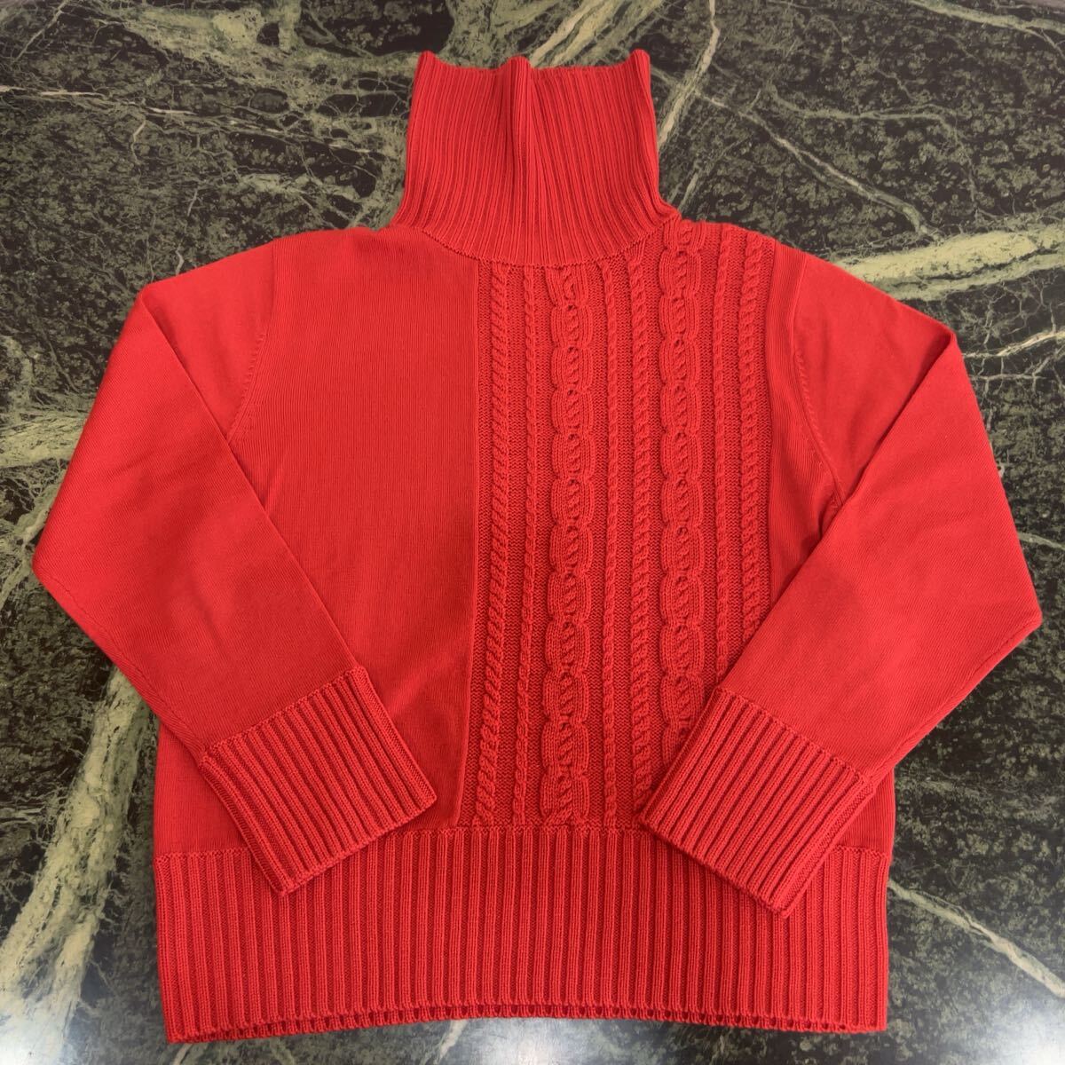 【美品】Grandezza★アシメデザインセーター Mサイズ オレンジ系 タートルネック 長袖ニット ウール 毛100% アラン拍卖