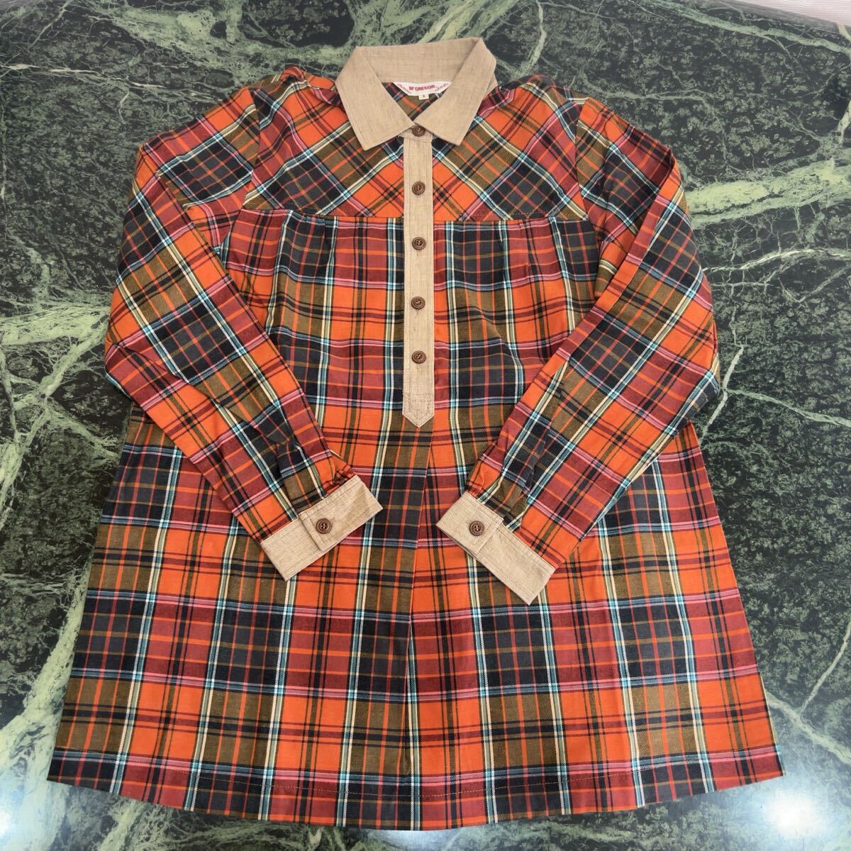 【新品同様】McGREGOR★マクレガー 長袖チュニック 9号 Mサイズ チェック柄 オレンジ ブラウン トップス プルオーバーシャツ マックレガー拍卖