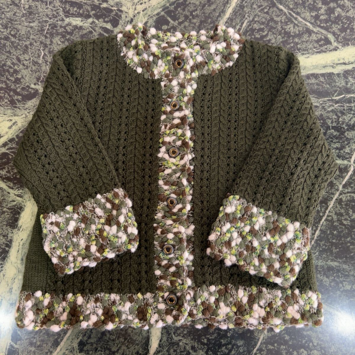 【美品】ニットデザインカーディガン★ノーカラーカーディガン Mサイズ程度 ダークグリーン モスグリーン 長袖 レディース拍卖