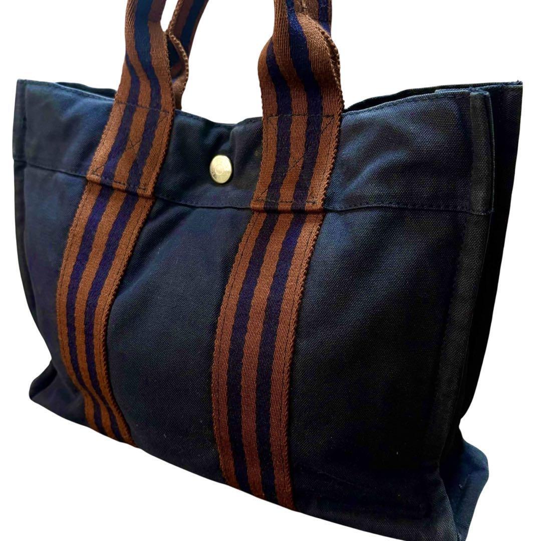 エルメス HERMES フールトゥPM キャンバス ハンドバッグ トートバッグ 紺 ネイビー ブラウン 紺 茶色 hand bag tote bag拍卖