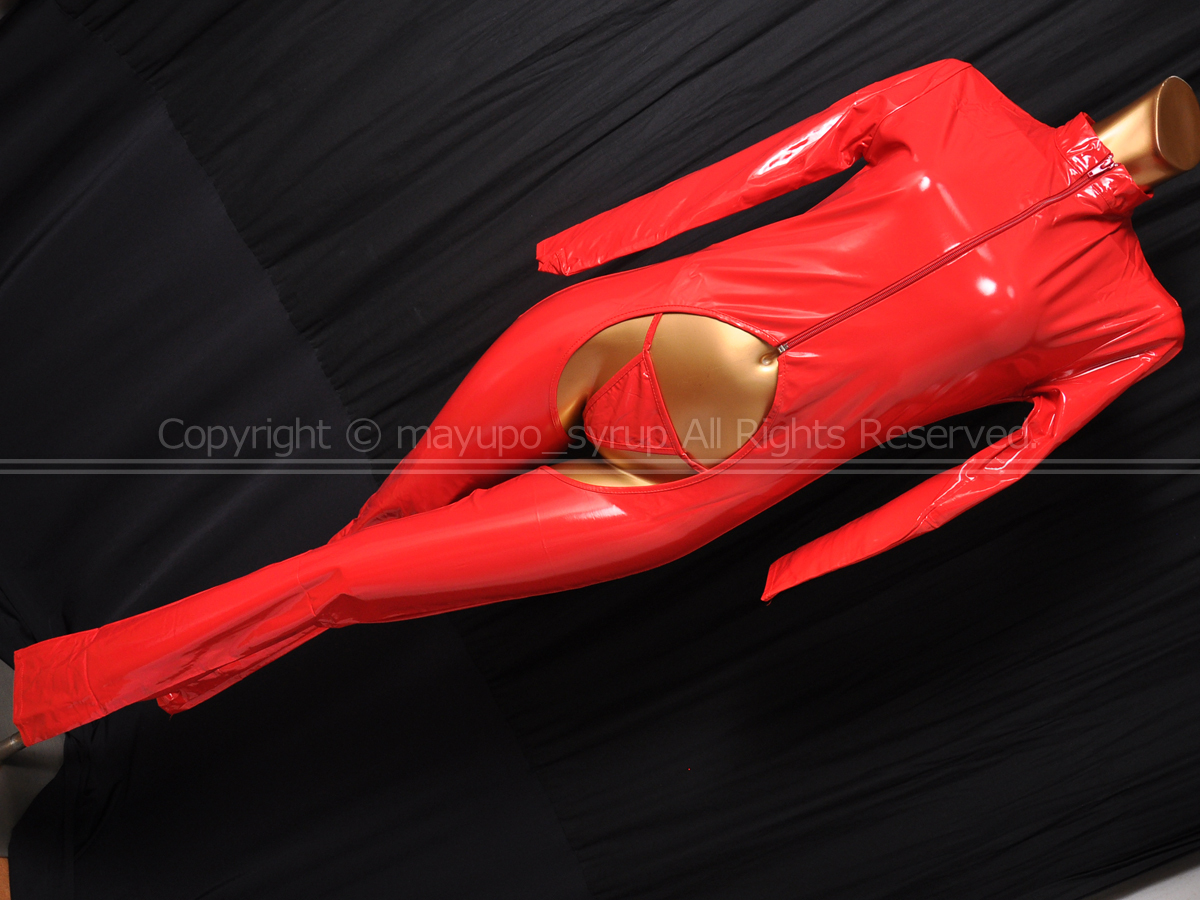 C1886-36★新品 光沢PVCエナメル ZIPアップ 背中編み上げリンクスボディースーツ ショーツ付き レッド 165/88A拍卖