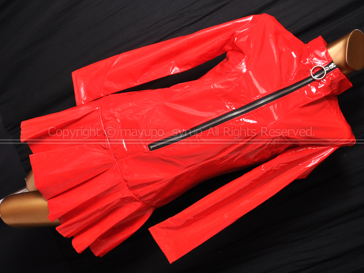 C1886-32★新品 光沢ラバー調PVCエナメル 長袖フレアミニスカートワンピース レッド L拍卖