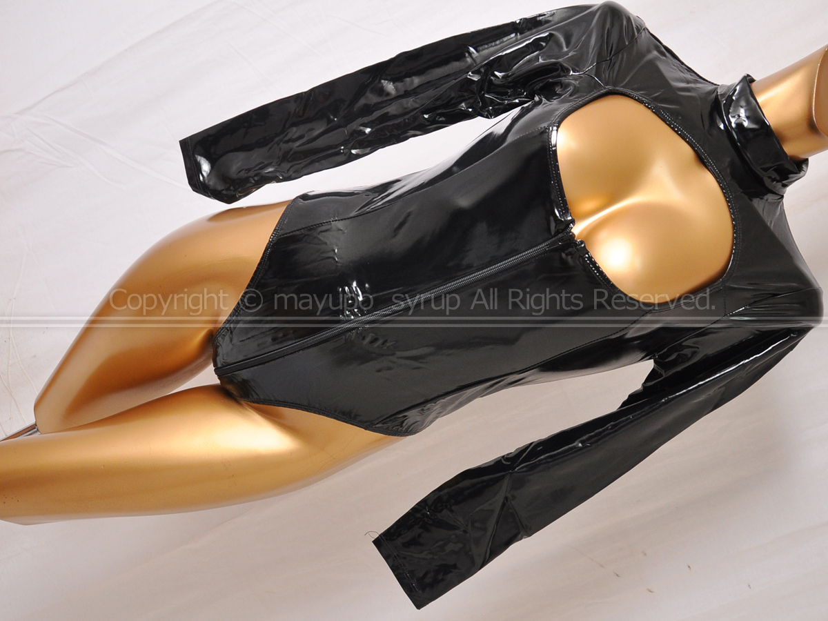 C1886-27★新品 PVCエナメル 胸元オープン長袖ボディースーツ ハイレグレオタード 光沢ブラック 165/88A拍卖