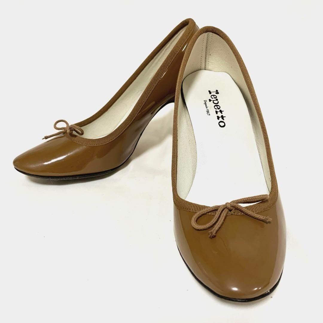 レペット repetto パンプス ハイヒールエナメル リボン ラウンドトゥ チャンキーヒール キャメル ブラウン 茶色 サイズ36 22.5cm拍卖