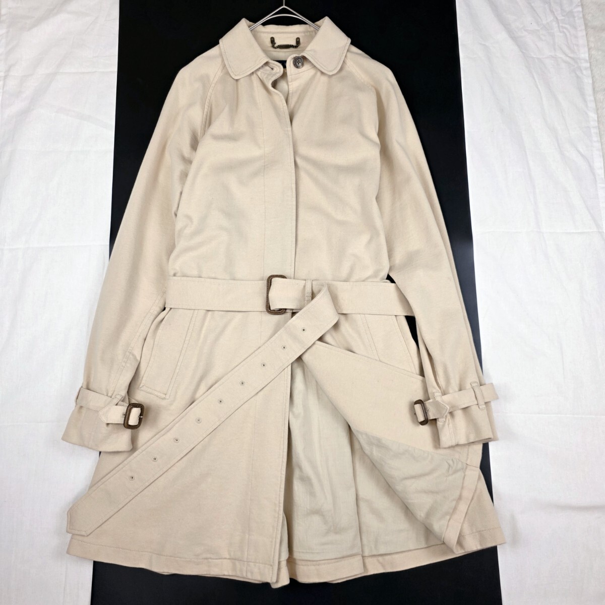【リネン】ラルフローレン ステンカラーコート 比翼ボタン ベルト チェーンロゴ RALPH LAUREN 袖ベルト 麻 M ベージュ 洗える 洗濯可能拍卖