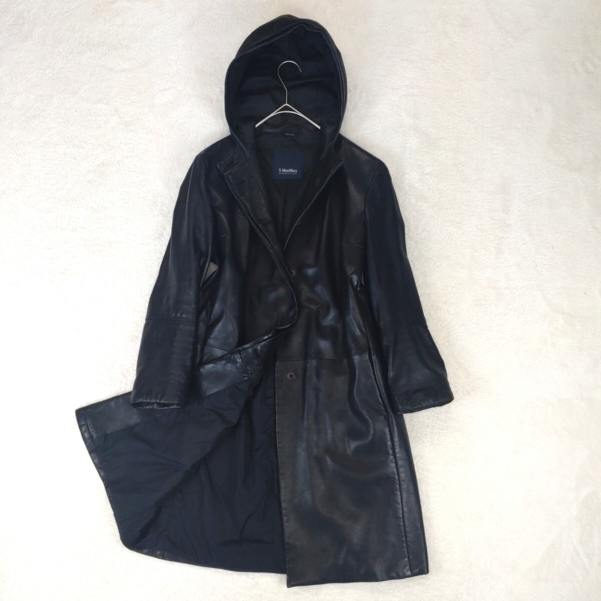 【希少Lサイズ】マックスマーラ Max Mara フーデットコート ロングコート オールレザー 本革 フード パーカー ブラック 黒色 サイズ40拍卖