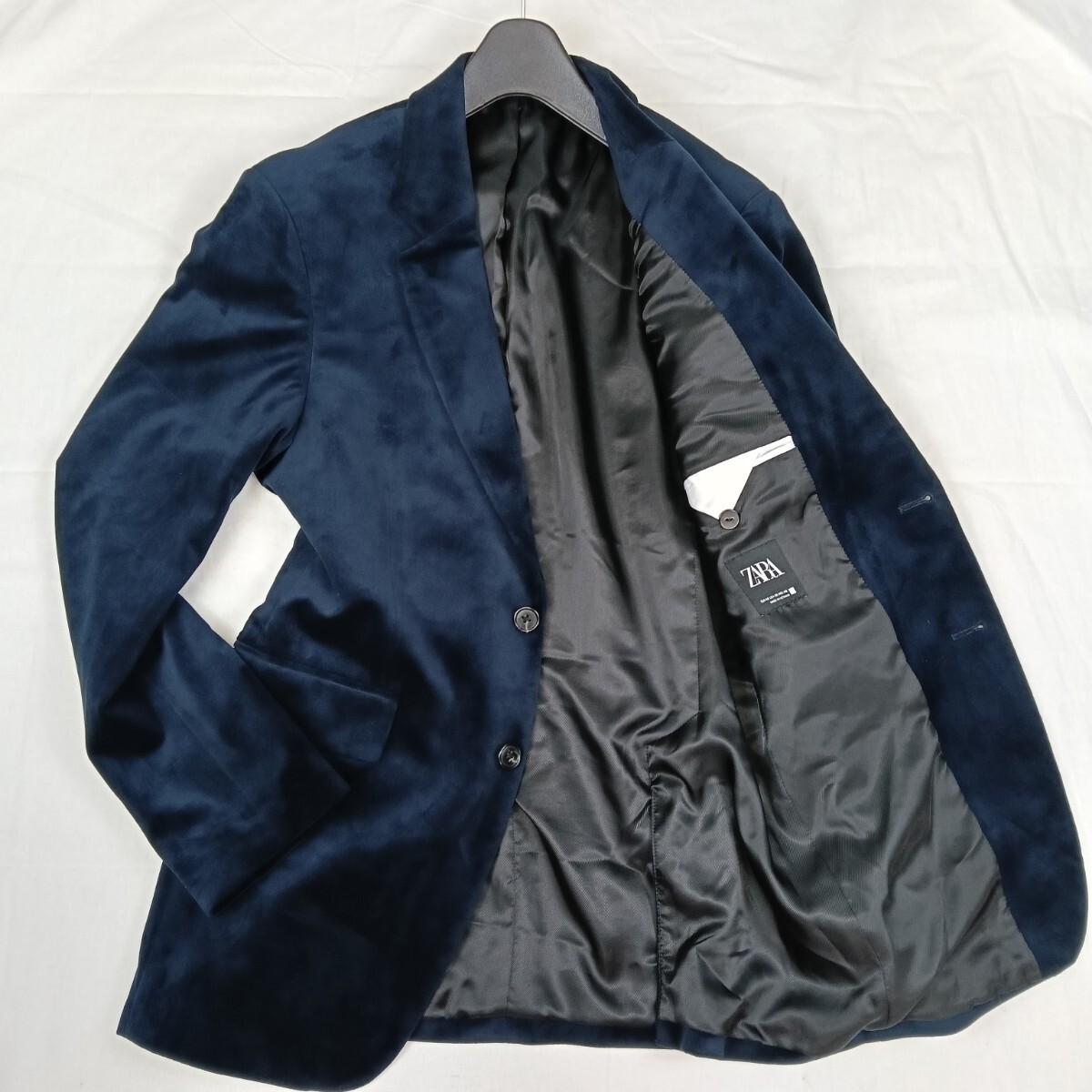 ザラ テーラードジャケット ベロア 総裏シングル 2つボタン 2つ釦 2B ネイビー 紺色 ZARA ブレザー サイズ38 M相当 オーバーサイズ拍卖