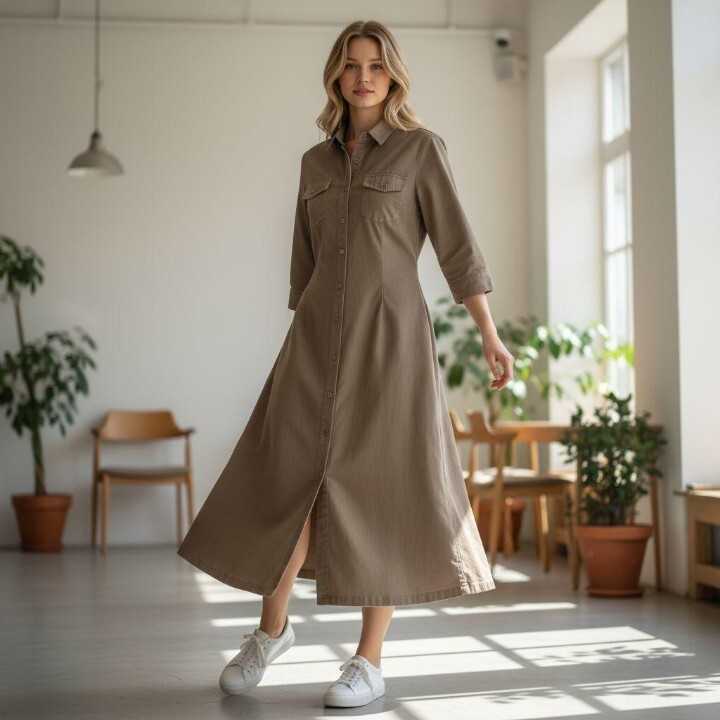 【希少Lサイズ】マーガレットハウエル 七分袖シャツワンピース コットン ウエスタンシャツ風 MARGARET HOWELL ブラウン 茶色 サイズ3拍卖