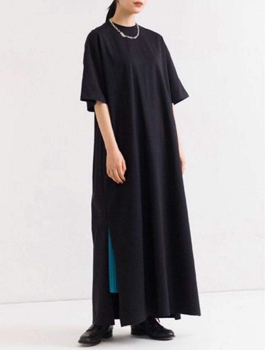 ハイク HYKE Tシャツスリットロングワンピース ブラック 黒色 日本製 綿/コットン100% サイドスリット サイズ2 M相当拍卖