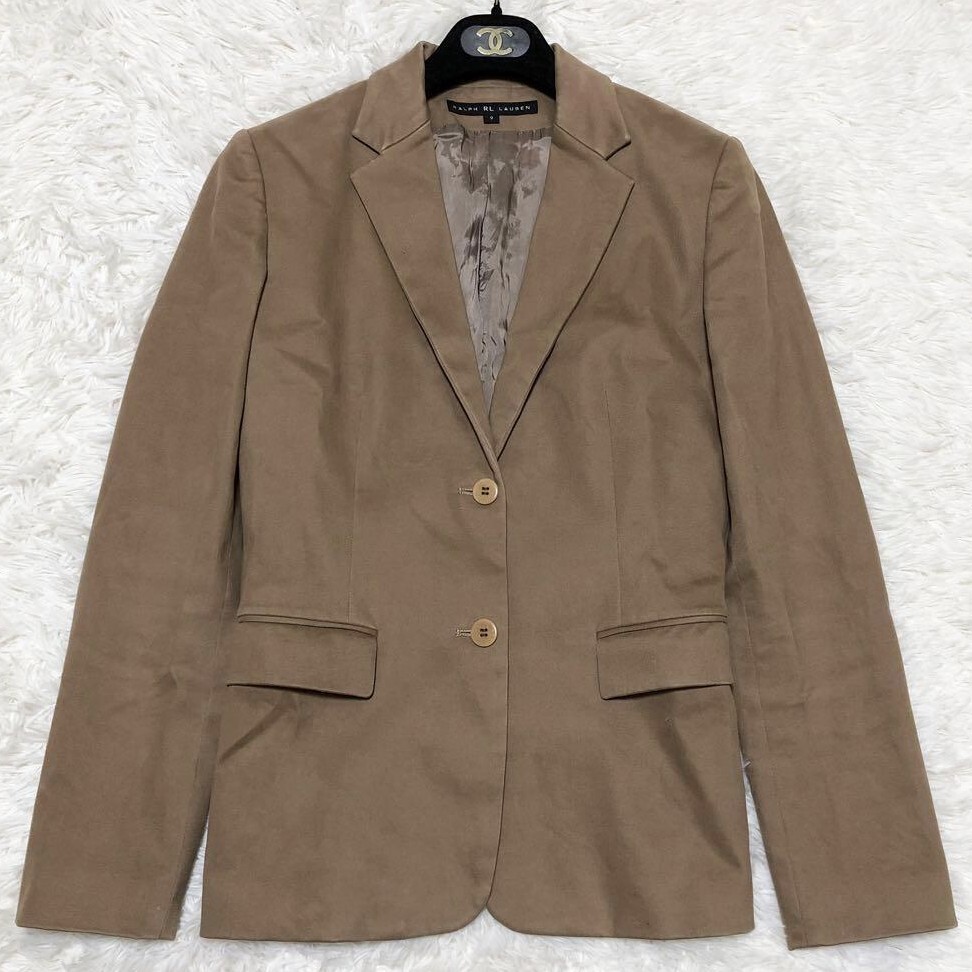 【ストレッチ】ラルフローレン RALPH LAUREN テーラードジャケット ブレザー シングル 2つボタン 2つ釦 2B キュプラ ベージュ ブラウン M拍卖