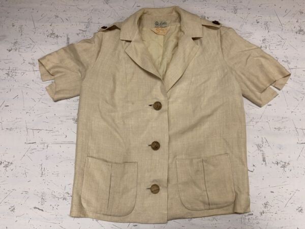 Littler レトロ オールド 古着 3つボタン ウッドボタン 麻混 半袖ジャケット レディース ウッドボタン ベージュ拍卖