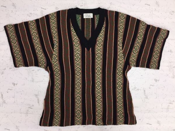 Ronffine レトロ 民族エスニック ナチュラル ストライプ Vネック ジャガード 半袖ニットセーター プルオーバー レディース M 黒エンジ拍卖