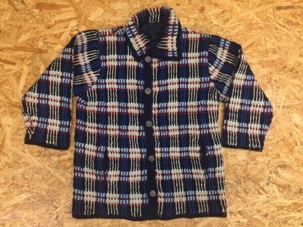 ノーブランド チェック 総柄 レトロ 襟付き 七分袖 アウトポケット ボタンニット カーディガン レディース 厚手 紺拍卖