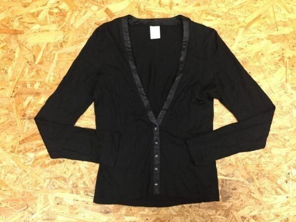 PUPULA ププラ 肌ざわり◎ サテン パイピング ボタン ニット カーディガン レディース 薄手 36 黒拍卖