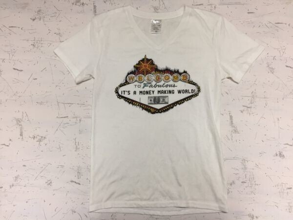 スーベニア 半袖Tシャツ レディース ラスベガス ウェルカム 紙幣 ネオンサイン お土産 vネック ギャンブル カジノ M 白拍卖