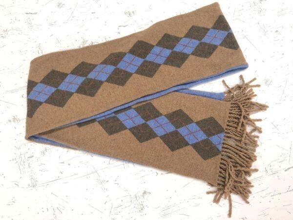 三越 MITSUKOSHI オールド トラッド レトロ アーガイル × 無地 定番 フリンジ ニット マフラー ベージュ/青 レディース拍卖