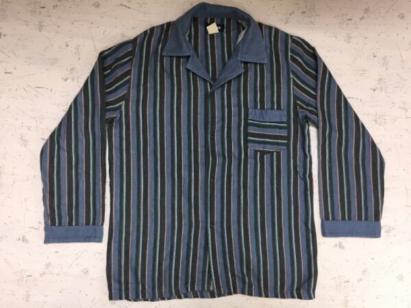 BIG GAME sleeping wear マルチストライプ レトロ リラックスウェア ルームウェア 長袖 開襟シャツ メンズ スナップボタン 青拍卖