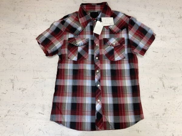 新品タグ付き TWINS ツインズ ネオお兄 ロック サーフ ストリート リペア加工 半袖チェックシャツ メンズ M 赤系拍卖