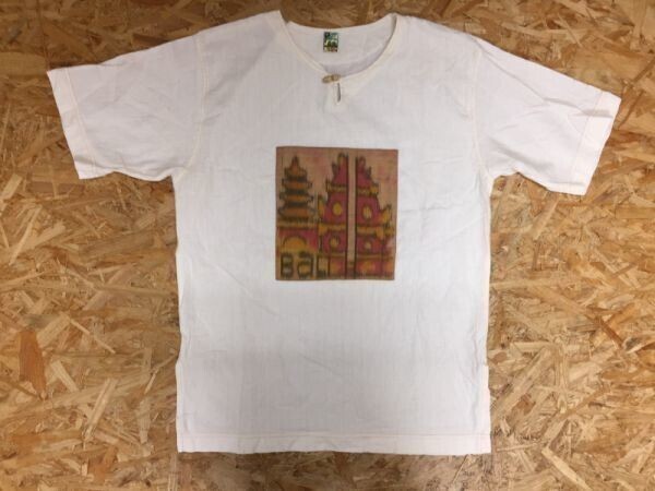 ARSAWAN DESIGN 手織り インド 寺院 絵画 アジアン オリエンタル 半袖Tシャツ メンズ トグルボタン M オフホワイト拍卖