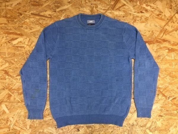シップス ships キレカジ レトロ 格子パターン インディゴ染 ジャガード コットンニット セーター プルオーバー メンズ 綿100% S 青拍卖