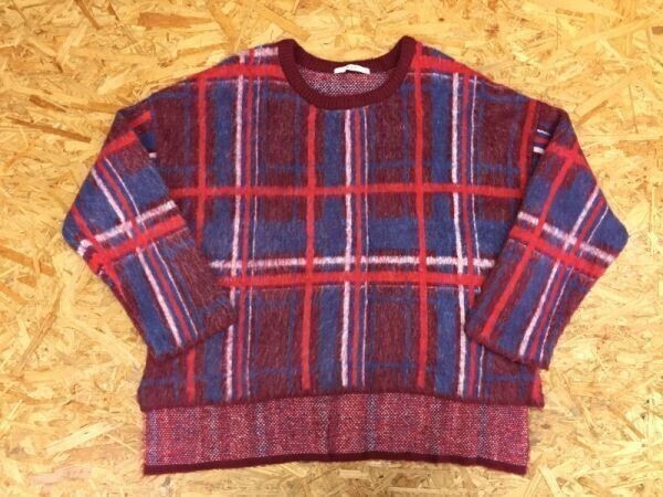 KBF ケービーエフ もこもこ 毛長 サイドスリット ドロップショルダー チェック ニット セーター レディース アクリル混合 One 赤紺拍卖