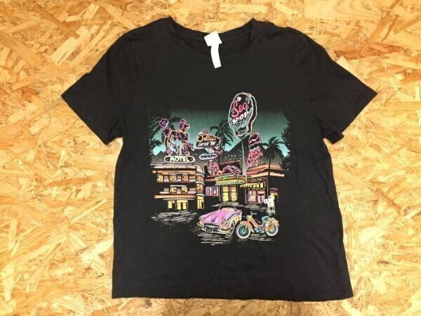 H&M エイチアンドエム アメリカン モーテル ネオンプリント 半袖Tシャツ メンズ コットン100% S 黒拍卖