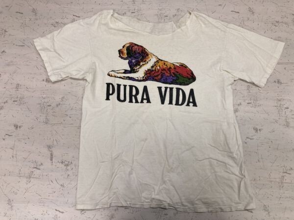PURA VIDA オールド レトロ ストリート モード ネオグランジ 古着 ワンちゃん 犬プリント 首元カットオフ 半袖Tシャツ カットソー メンズ拍卖