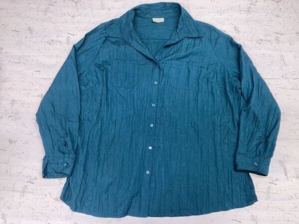 CANDA オールド レトロ 長袖オープンカラーシャツ ブラウス レディース ポリエステル100% シワ加工 44 ターコイズ拍卖