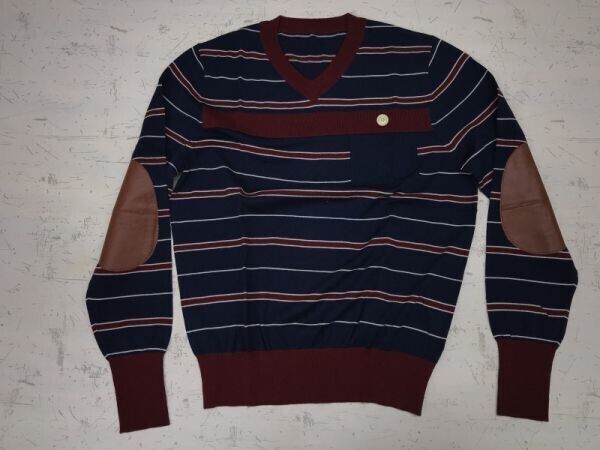 トラッド レトロ 合皮エルボーパッチ 金ボタン ボーダー 胸ポケット ハイゲージ Vネック ニット セーター メンズ 紺/エンジ拍卖
