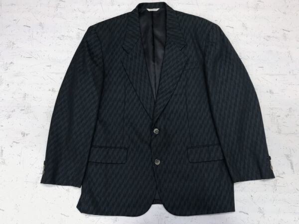 VIABRERA オールド レトロ モード 古着 シェブロン総柄 テーラードジャケット メンズ 2つボタン ウール100% フォーマル M 紺拍卖