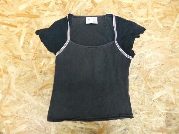 A|X ARMANI EXCHANGE アルマーニ エクスチェンジ レディース 綿混 ストライプ ライン スクエアネック 半袖カットソー 黒 M拍卖