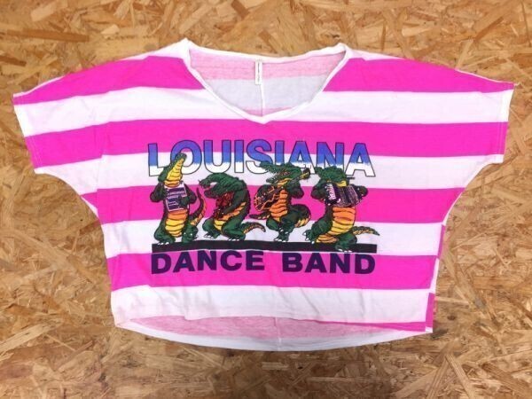 AUDREY オードリー ルイジアナ DANCE BAND ワニ 切替 韓国 半袖Tシャツ レディース ボーダー柄 薄手 ピンク拍卖