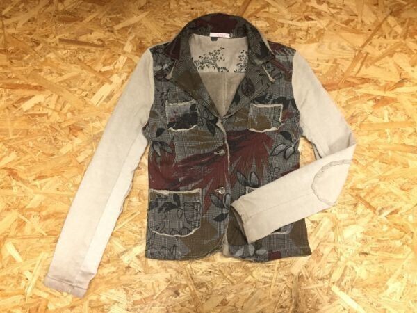 d_onis チェック 花柄 ビンテージ加工 スウェット切替 テーラードジャケット レディース ITALY製 コットン100% M グレー ベージュ拍卖
