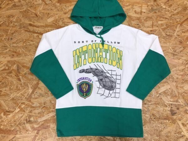 INTONATION イントネーション 配色切替 長袖スウェットパーカー カットソー メンズ レトロスポーツ サッカー シュートプリント 白 緑拍卖