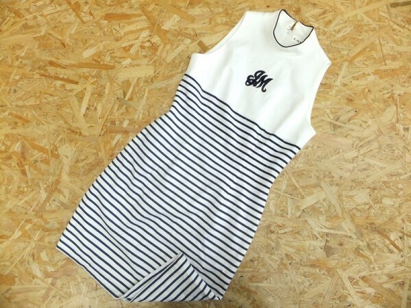 J.MARINE レディース スタンドカラー ロゴ マリン 切替えボーダー柄 ノースリーブワンピース 7 白ネイビー拍卖