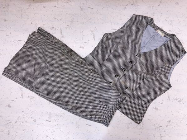 ERGOX エルゴン レトロ オールド 古着 ハウンドトゥース 千鳥格子 ベスト スカート 上下セットアップ レディース LL 黒 ポリエステル100%拍卖