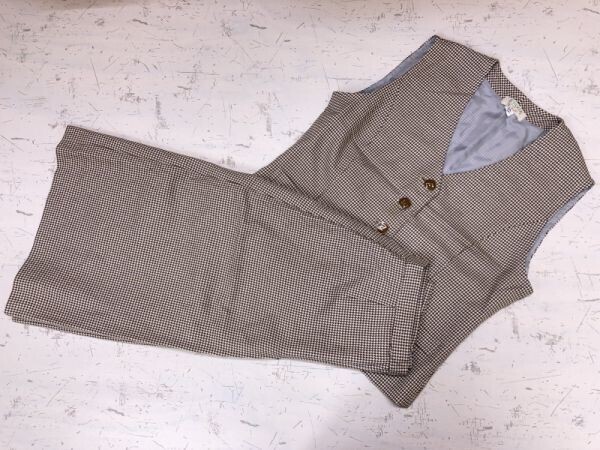 ERGOX エルゴン レトロ オールド 古着 ハウンドトゥース 千鳥格子 ベスト スカート 上下セットアップ レディース LL ベージュ拍卖