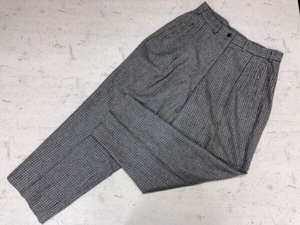 オールド レトロ 古着 ワイドテーパード ハイウエスト チェック スラックスパンツ ボトムス レディース グレー拍卖