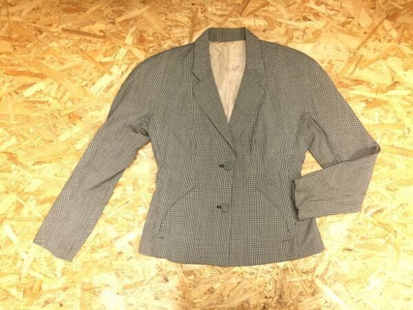 SISLEY シスレー レトロ オールド古着 ギンガムチェック くるみボタン テーラードジャケット レディース ITALY製 ウール100% S 黒 ベージュ拍卖
