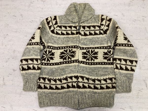 カナダ製 TUAK トゥアック ACME ZIPPER ビンテージ 70s 80s 古着 雪柄 ローゲージ カウチン ニット ジャケット メンズ ウール100% グレー拍卖