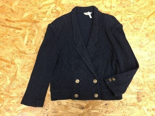 garcon rose レトロ古着 ショート丈 ニット ダブル テーラードジャケット レディース 日本製 麻混合 9号 紺拍卖