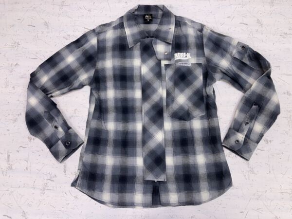 ラスケー RUSS-K ネオお兄系 サーフ 比翼 オンブレーチェック チェーンステッチ刺繍 長袖シャツジャケット メンズ M 紺拍卖