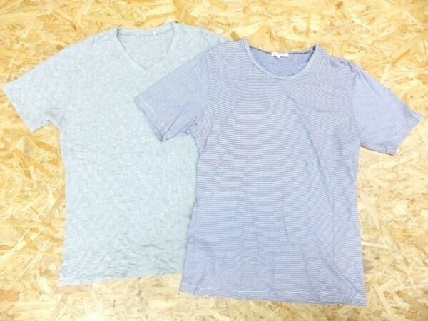 green label relaxing ユナイテッドアローズ メンズ 綿100% ボーダー&チェッカー Tシャツ 2枚セット グレー 紺 サイズS拍卖