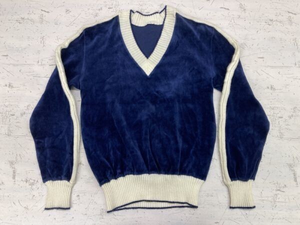 オールド 昭和レトロ モード 古着 ニット・トリミング ベロア ベルベット 別珍 シャツ トレーナー トップス レディース 切替 Vネック 紺拍卖