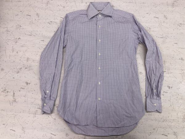 ビームスF BEAMS F フォーマル トラッド 古着 格子チェック ホリゾンタルカラー 長袖ドレスシャツ メンズ 日本製 15 紫拍卖