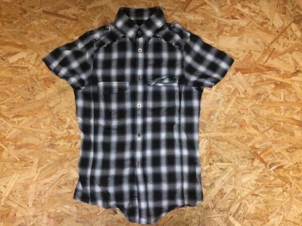 リダ Lidah オンブレチェック 半袖ワークシャツ レディース 綿100% 薄手 フリンジ M 黒×グレー拍卖