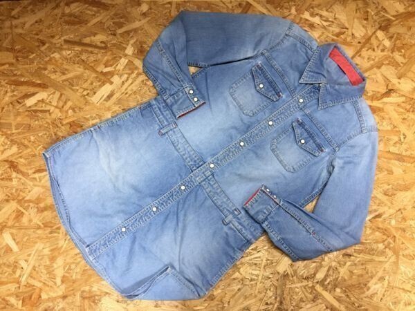 X-girl エックスガール USEDウォッシュ デニム 長袖シャツ ワンピース レディース ベルトループ 1 青拍卖
