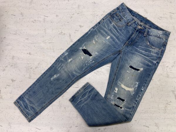 ハイストリート サーフ ネオグランジ ダメージ・リペア加工 テーパード デニム パンツ ジーンズ ボトムス メンズ ジップフライ XS 青拍卖